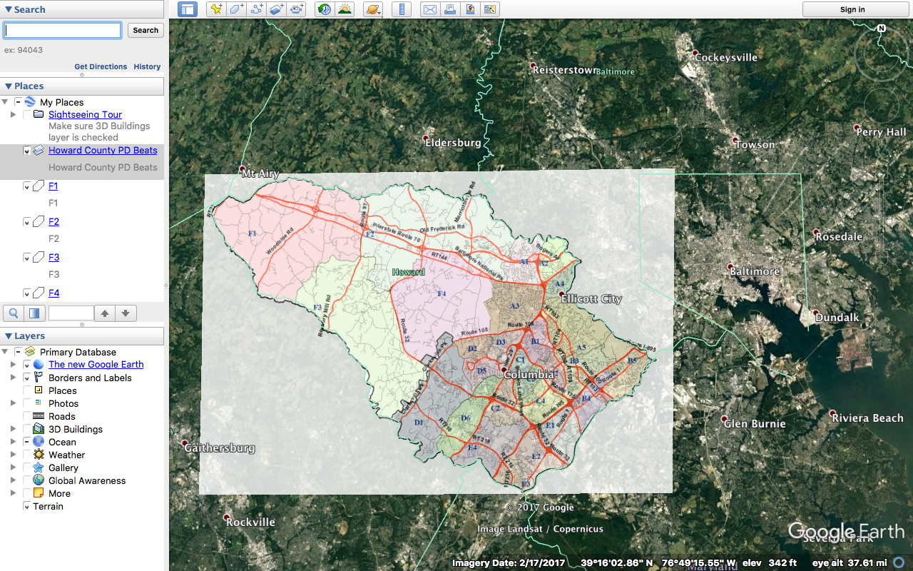 Screenshot, Google Earth Image Overlay of Howard County Police Dept Beats